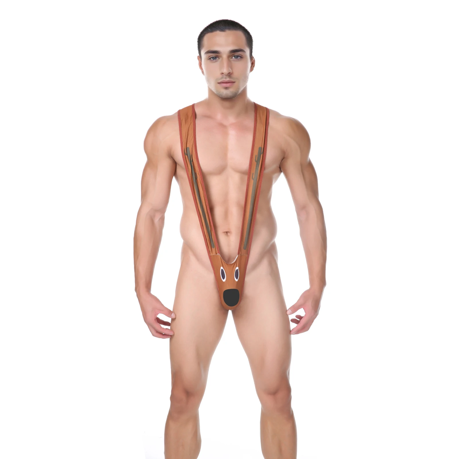 CLEVER-MENMODE Sexy One-Piece Underwear Men Thong Cute Elk G String Christmas Halter Lingerie Panties Mankini Costume Bodysuit