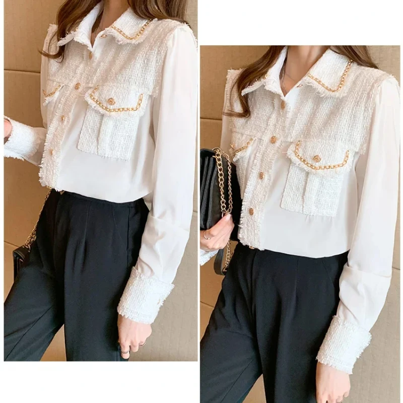 Summer New Shirt Women Blouse Long Sleeve Chiffon Fashion Button Splicing Lattice Loose Pocket Beaded Lfound Casual Tops