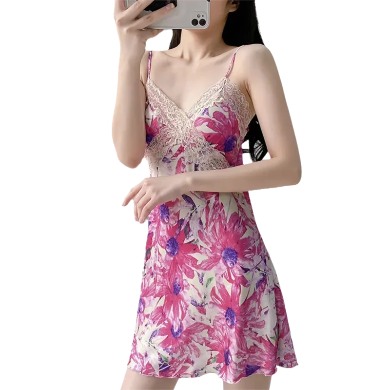 

Summer Ice Silk Womens Lace Camisole Nightgown Built in Bra Sleeveless Thin Silky Comfortable Ladies Sleepwear Dress sleepwear