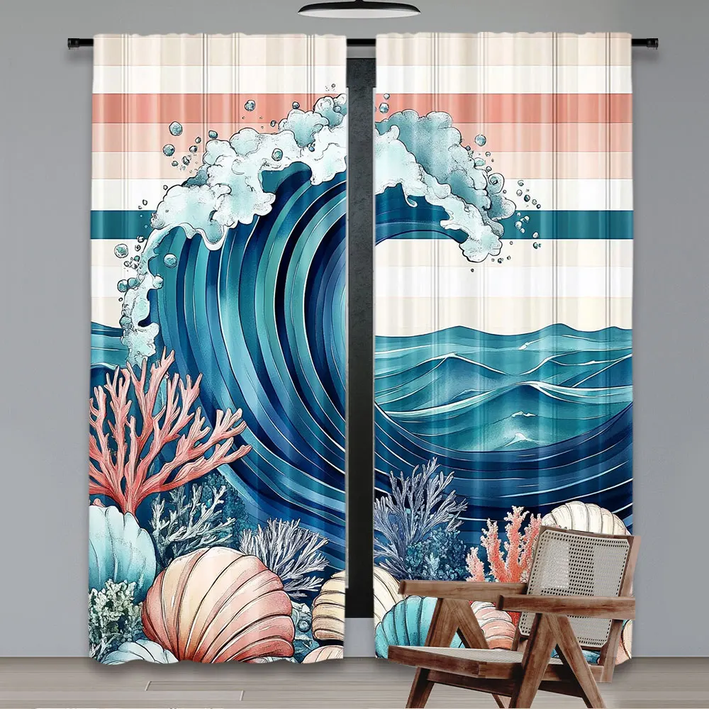 2Pcs Abstract Contemporary Curtain Waves Shells Coral Shape Simple Design Suitable For Bedroom Living Room