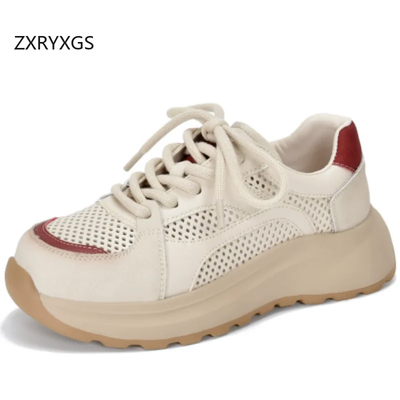 ZXRYXGS 2026 Real Leather Spell Colors Women Trendy Sneakers Breathable Hollow Shoes Thick Sole Increase Shoes Casual Sneakers