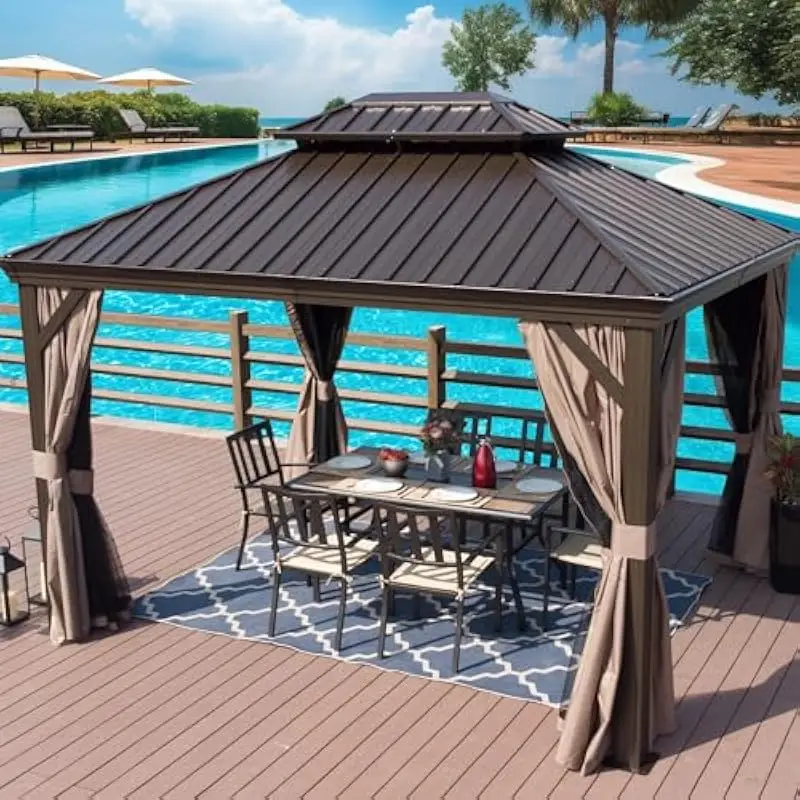 Modern Rectangular Hardtop Gazebo 10 Feet by 12 Feet with Galvanized Steel Roof Double-Layer Curtains Reinforced Aluminum Frame