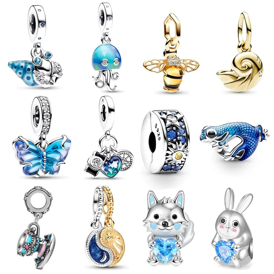 NEW Blue Murano Glass Butterfly Glow Crab Jellyfish Dangle Charm Bead Fit Original European 925 Sterling Silver Bracelet Jewelry