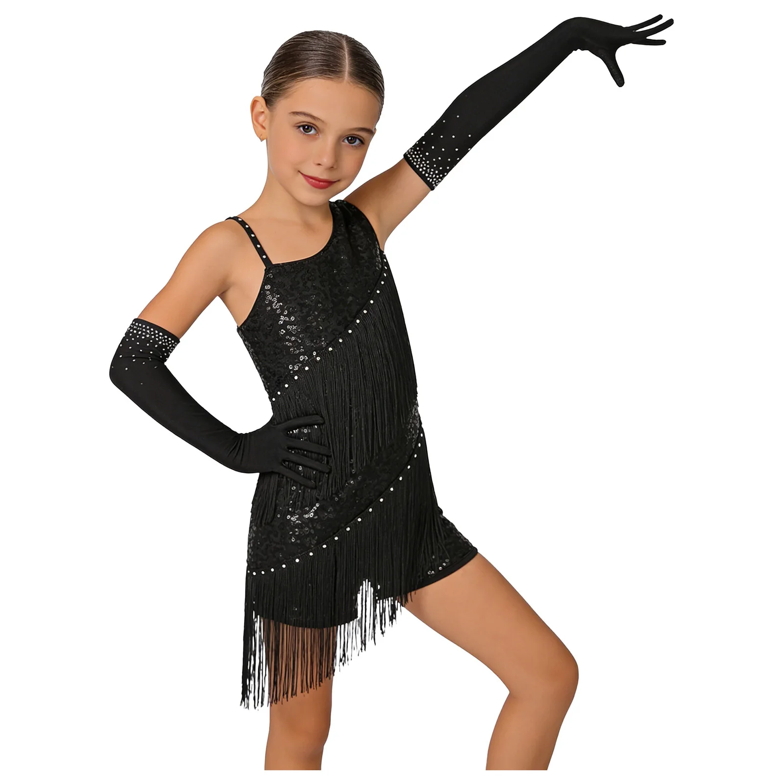 Traje de Baile Latino para Niñas, Vestido de Cha-cha con Borlas y Leotardo, con Guantes de Malla, para Tango, Rumba, Samba, Baile de Salón y Salsa