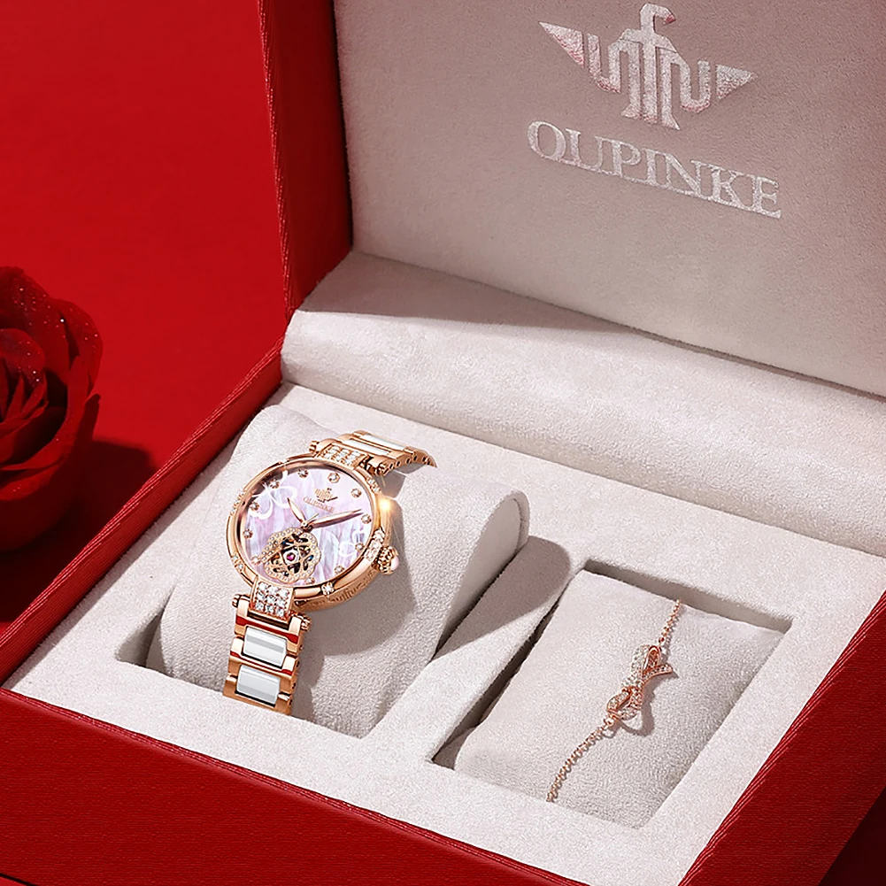 OUPINKE 3183 Women's Watch Original Hollow Automatic Mechanical Watch For Women Luxury Ceramic Steel Strap Ladies Wristwatch