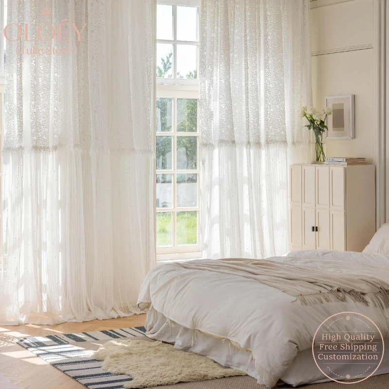 

French Style Curtains for Bedroom Living Room Princess Lace Gauze Patchwork Dreamy Sheer Drapes Pearl Trim Window Decor Elegant