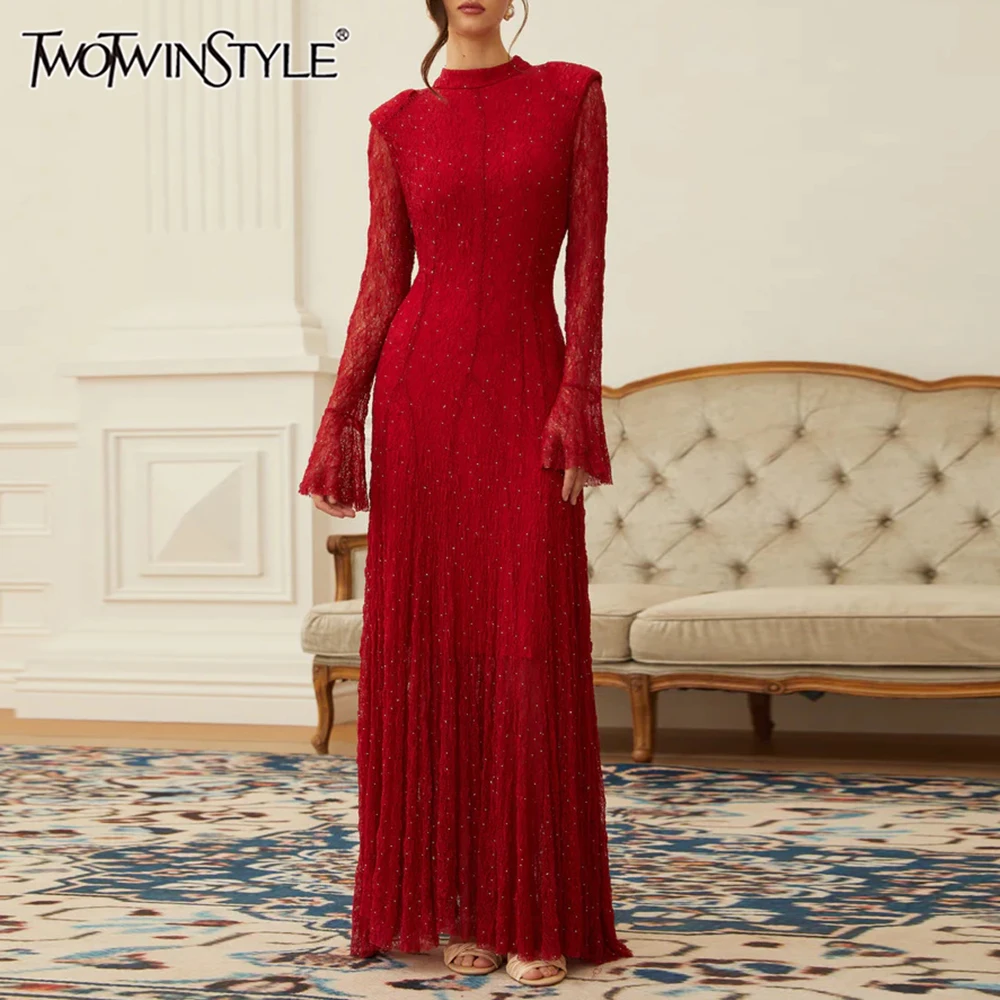 

TWOTWINSTYLE Slimming Spliced Hot Fix Design Sense Dresses for Women Round Neck Long Sleeves Patchwork Lace Dress Female Clothes