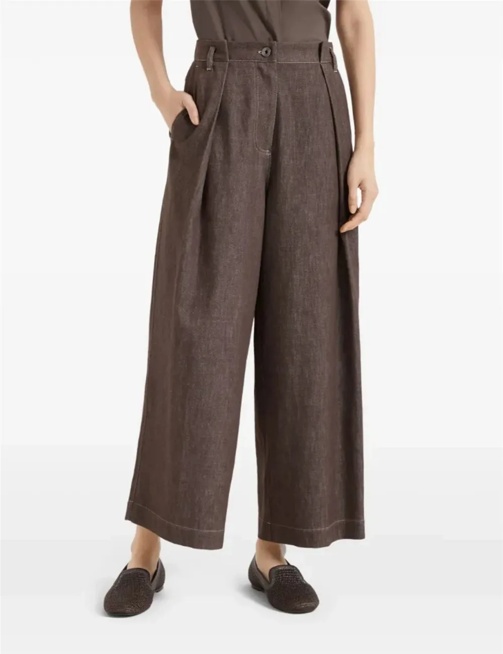 

Ladies Casual Ankle Lenght Trousers Hight Waist Beading Straight Leg Wide Leg Pants