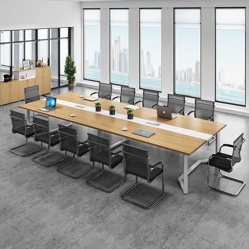 

Meeting Room Table Commercial Office Furniture Wooden Desktop Metal Legs Multi Person Conference Table Office Long Table Chairs