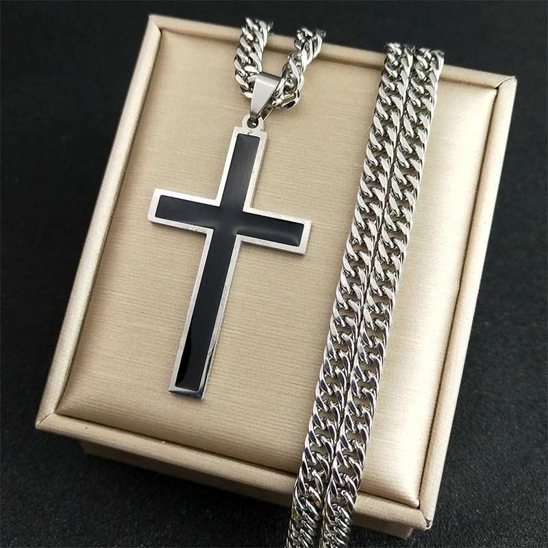 Punk Hip Hop Black Cross Pendant Necklace for Women Men Stainless Steel Gold Color Male Jesus Christ Chain Jewelry colar N8236S0