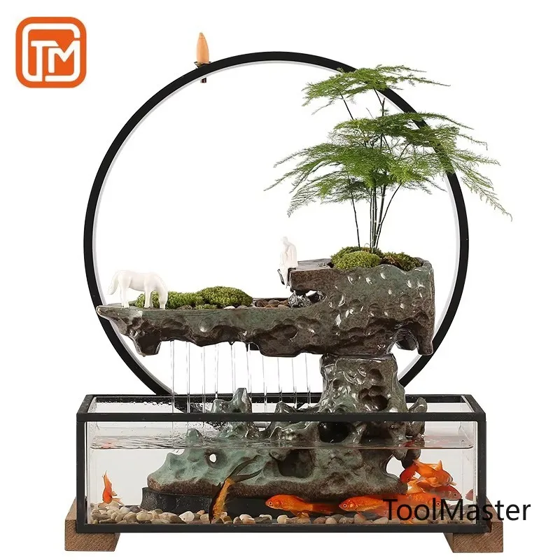 【Hot Sale】Japanese Tabletop Fountains Creative Aquarium Waterfalls Ceramic Feng Shui Living Room & Office Desktop Atomizing Humi
