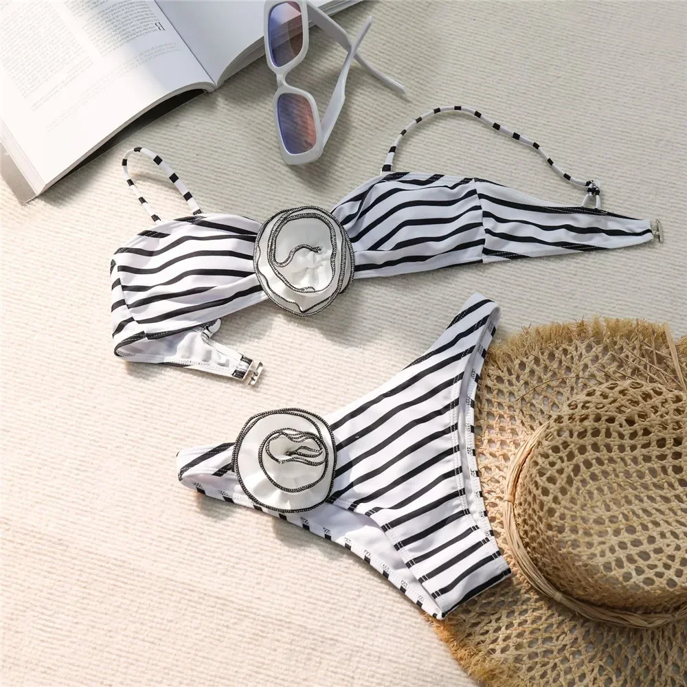 

3D Flower Striped Print Bandeau Bikinis Sets 2025 Sexy Swimsuit Women Swimwear Bathing Suit Brazilian Bikini De Mujer Biquinis