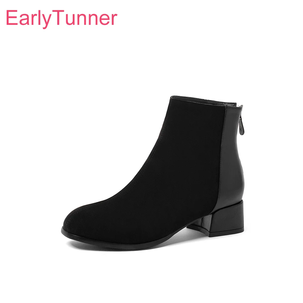 2026 Winter Sweet Black Women Ankle Boots Faux Suede Med Block Heel Lady Nude Shoes Large Small Plus Size 10 32 45 48