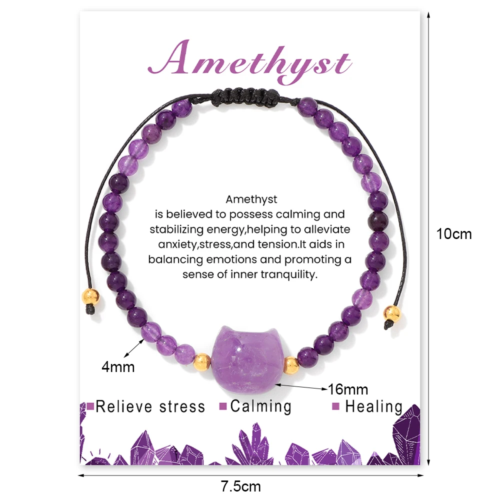 Natural Stone Aagte Bracelet 4mm Rose Quartz Cute Cat Head Charm Bracelets for Women Girls Best Friends Jewelry Gifts Wholesale