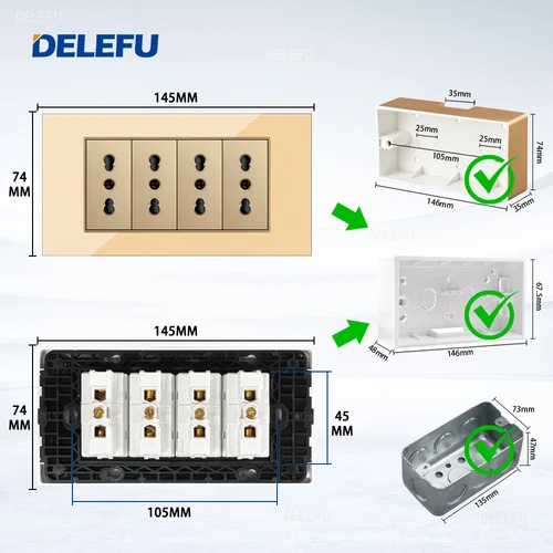 Imagen 2 del producto DELEFU Panel de vidrio SC70 145mm oro italiano estándar USB tipo C interruptor de enchufe de pared de carga rápida TV teléfono CAT5 CAT6
