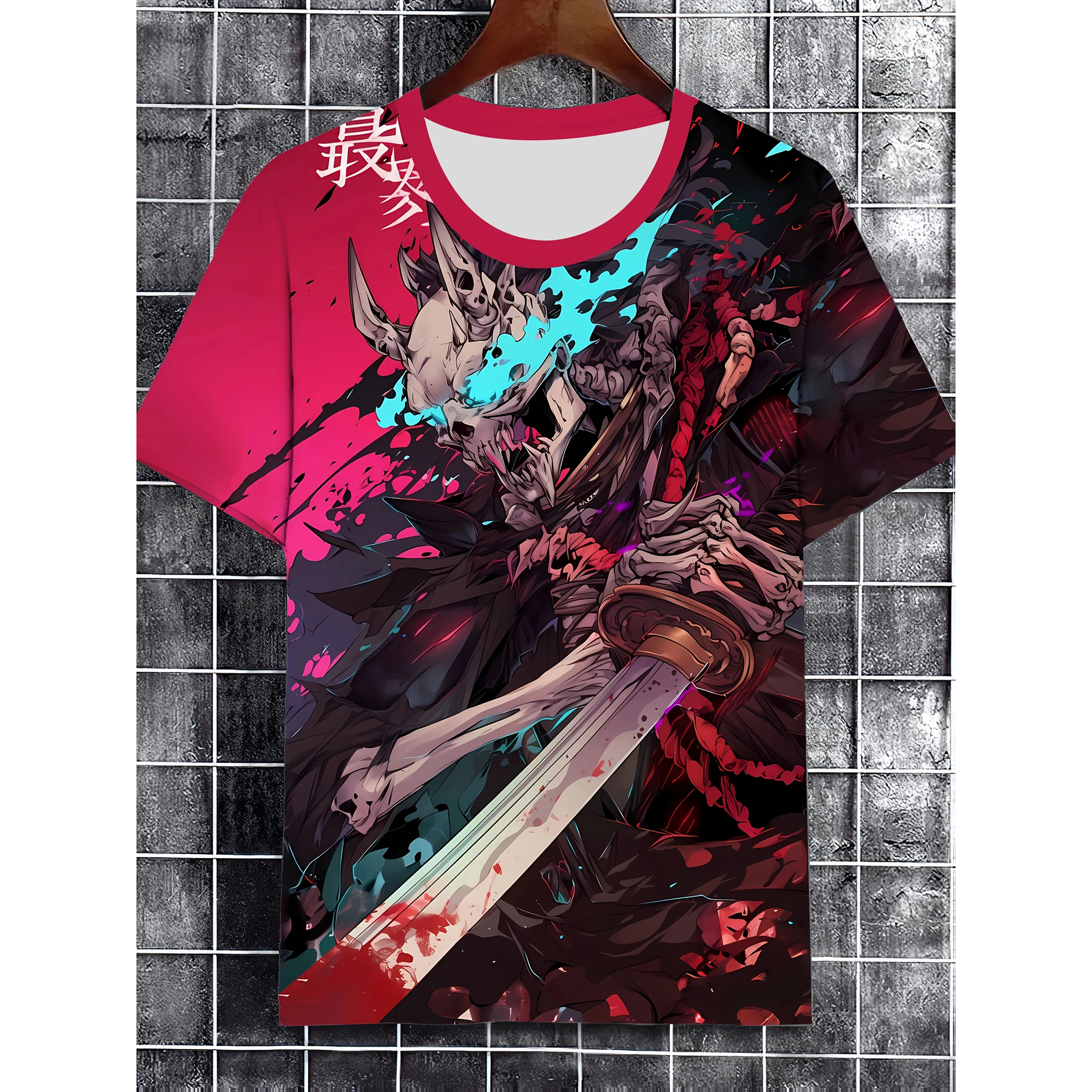 الرجال أنيمي الجرافيك تي شيرت ثلاثية الأبعاد طباعة عادية كم قصير المحملة مع الجمجمة السيف تصميم المتضخم قميص هاواي صيفي ملابس للرجال المحملة