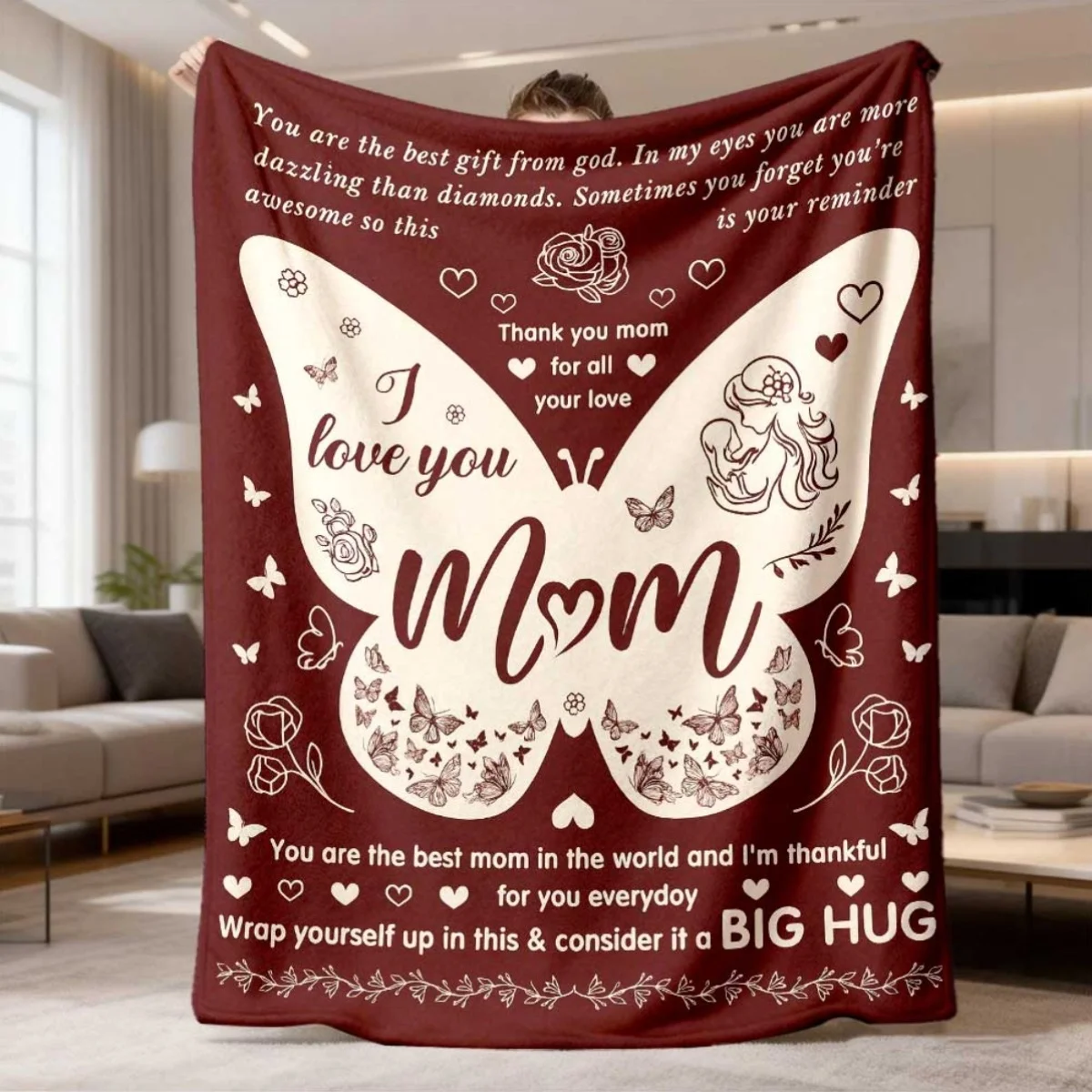 Thank You Mom Flannel Blanket Butterfly Rose Heart Quote Print Comfort Blanket as Gift for Mother