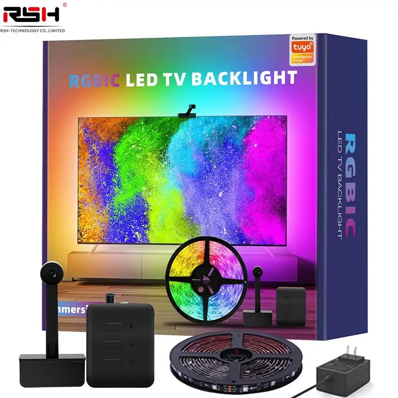 Top Tuya New Immersion Smart TV Backlight With Camera RGBIC LED Ambient Backlight With Alexa TV PC Rhythm Lighting Smart App