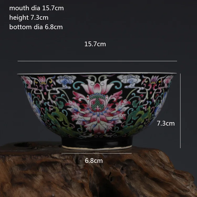 Kangxi Black Enamel Tangled Lotus Bowl Antique Jingdezhen Hand-painted Antique Porcelain Chinese Ornaments