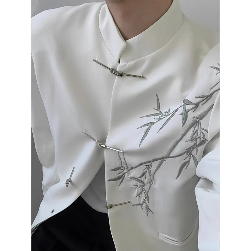 

New Chinese Sle Men's White Suit Jaet oulder Padded Stand Collar Bamboo Le Embroidery Modified Zhongan Suit Tang Co...