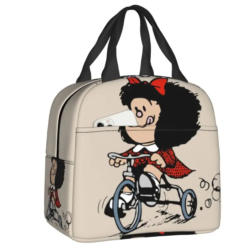 Fiambrera de Mafalda Happy Cycling para mujer, bolsa de almuerzo con aislamiento térmico de dibujos animados, bolsas de mano para niños, escuela y Picnic