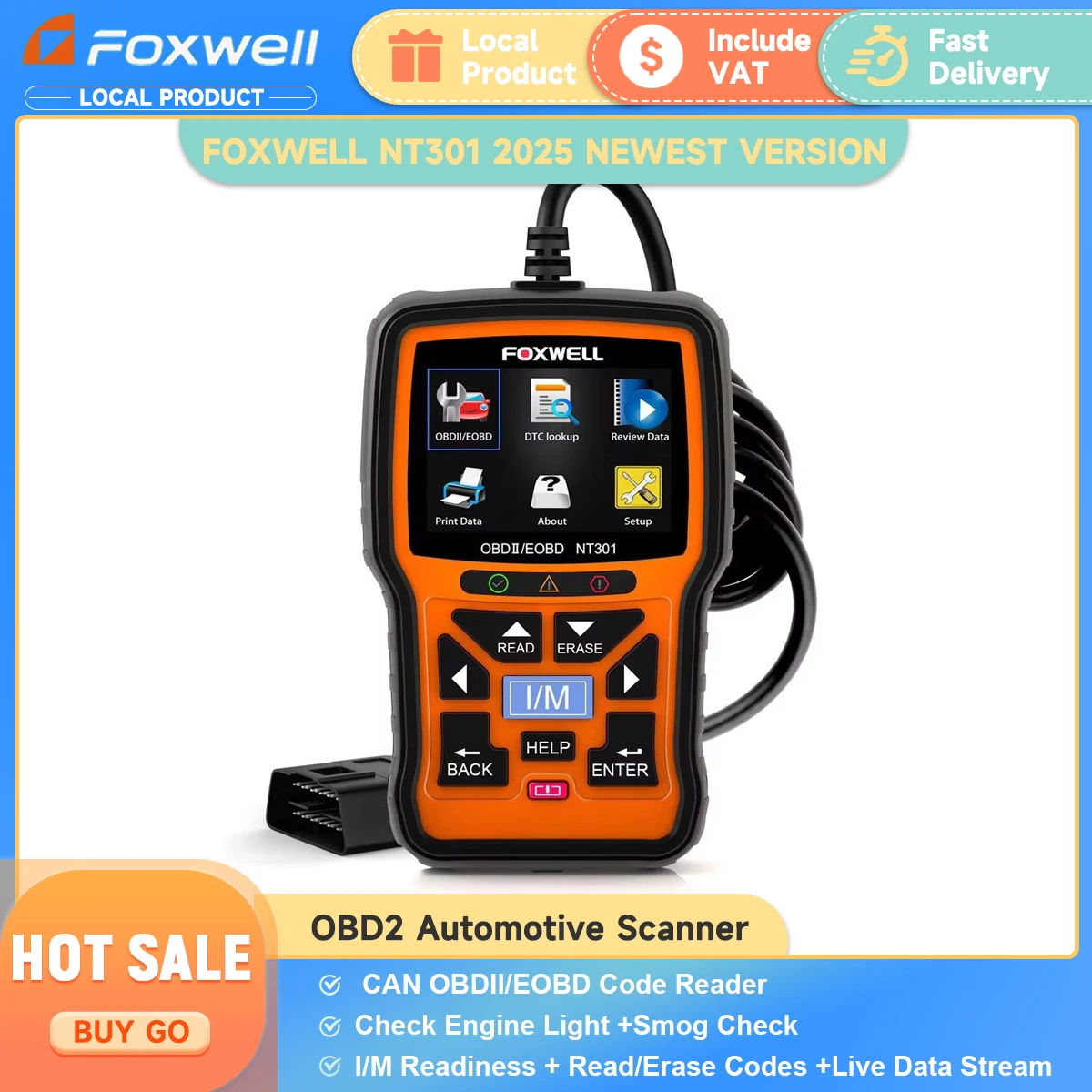 

FOXWELL NT301 OBD2 Automotive Scanner Professional Check Engine CAN OBDII/EOBD Code Reader Smog Test OBD 2 Car Diagnostic Tools