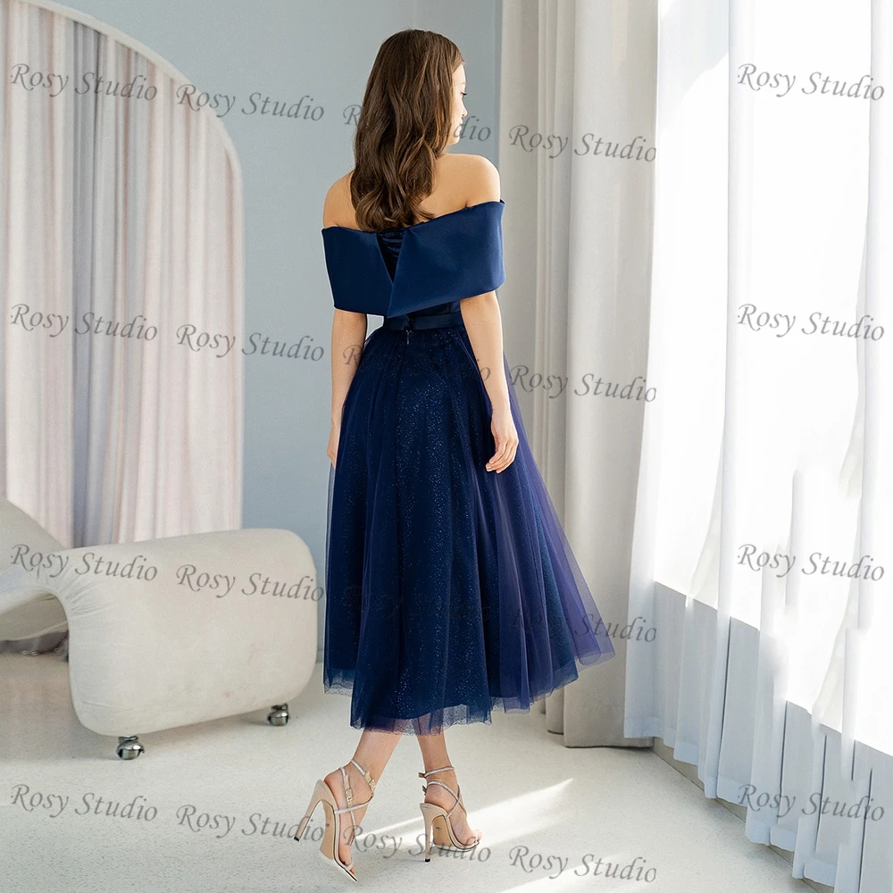 Simple Off-shoulder Short Cocktail Dresses A-line Glitter Tulle Navy Blue Prom Gown Plus Size Navy Blue Homecoming Party Wear