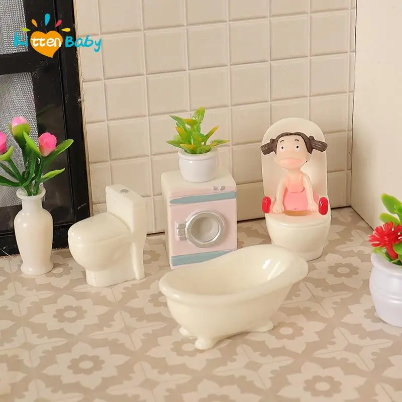 Cute Dollhouse Miniature Bathtub Bathroom Bath Shower Washing Machine Laundry Model Furniture Decoration Accessories Toys