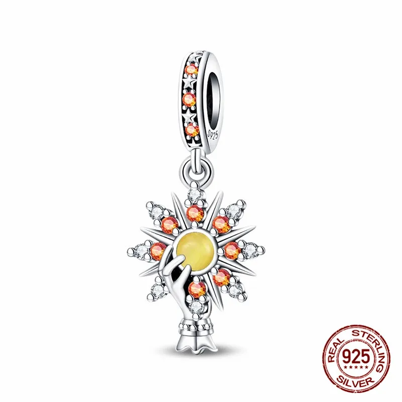 

925 Sterling Silver Handheld Sun Pendant Bead Inlaid with Zircon Paired with an Original Bracelet DIY Womens Jewelry Gift