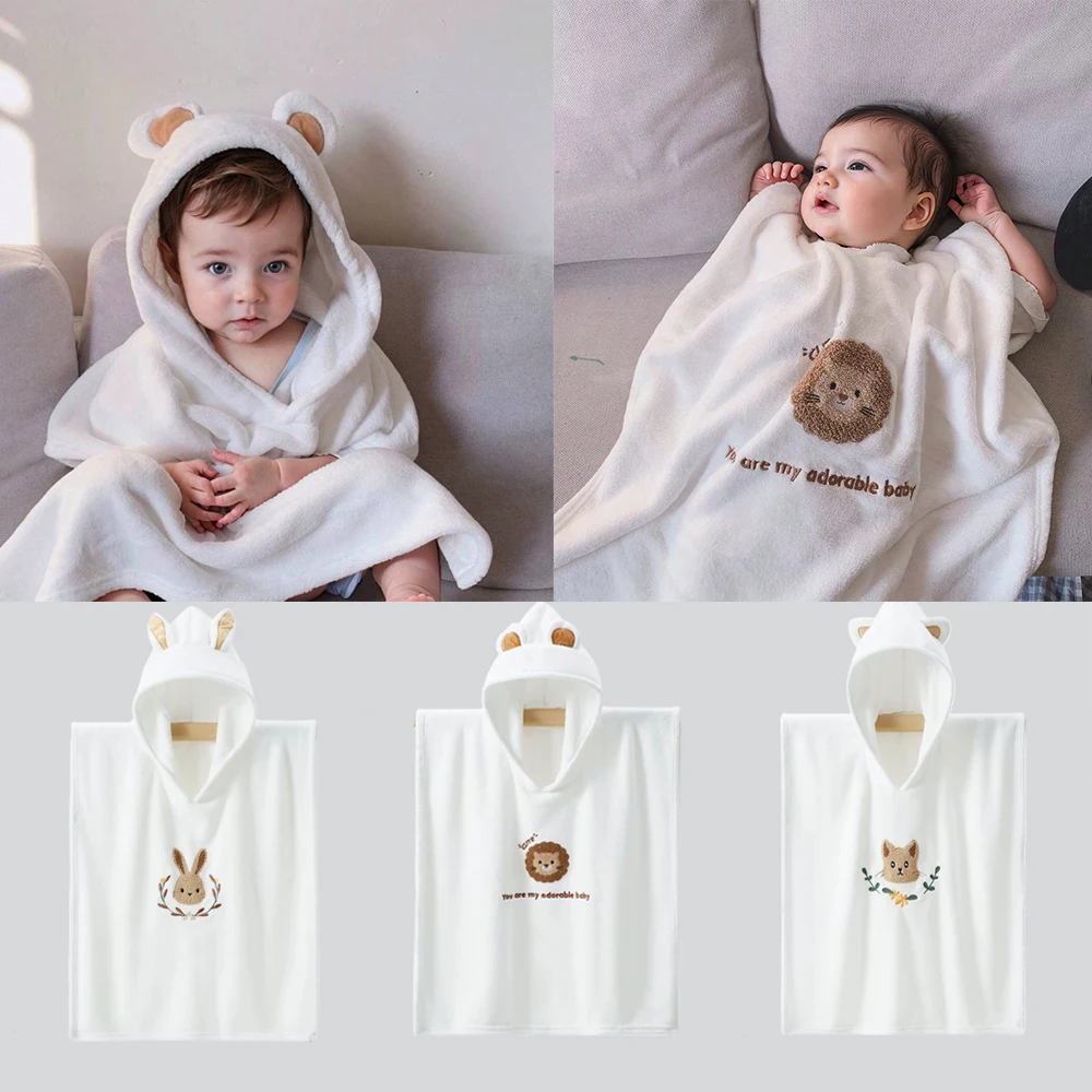 

2025 Autumn and Winter Thick Chrildren Towel Baby Cute Cartoon Wearable Bathrobe With Hood Girls Boys Soft Coral Fleece Towel