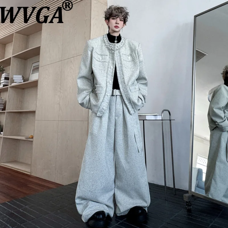 

WVGA Spring Autumn New Men Tide O-Neck Beaded Shoulder Padded Blazer Niche Chic Casual Wide-Leg Suit Pants Two-Piece Sets W17355