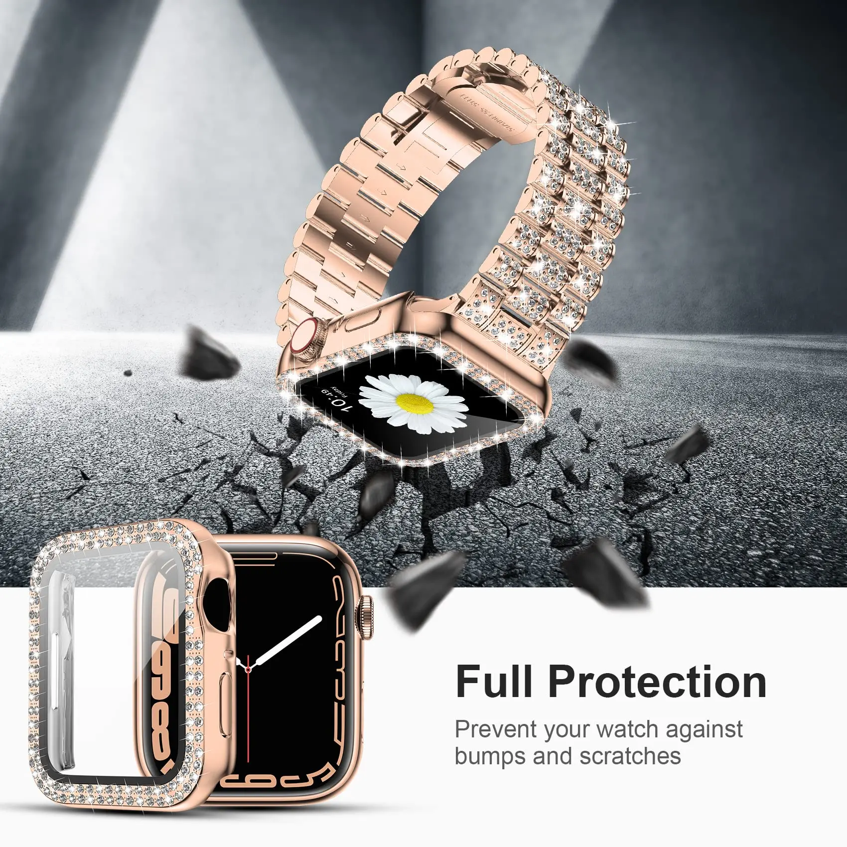 Women\'s Diamond Case + Strap For Apple Watch Band 45mm 41mm 44mm 40mm Metal Bracelet Protective Cover iWatch Series 9 7 6 5 SE 8