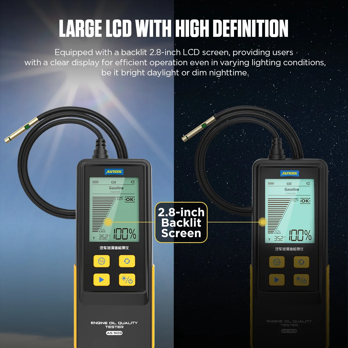 

Новейший цифровой тестер моторного масла 2025 года, AUTOOL AS503, подходит для автомобилей и включает датчик температуры.