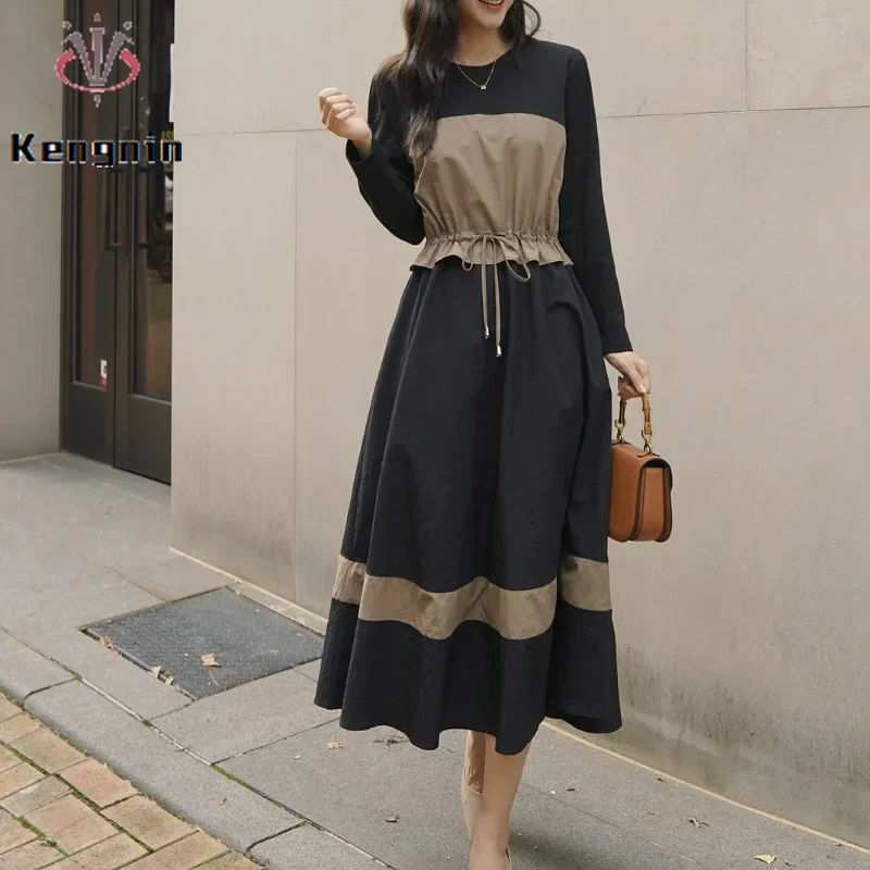 

Korean Style Plus Size Women's Dresses Autumn Winter Long Sleeve O-Neck Lady Vestidos Fake Two Piece Female Robe