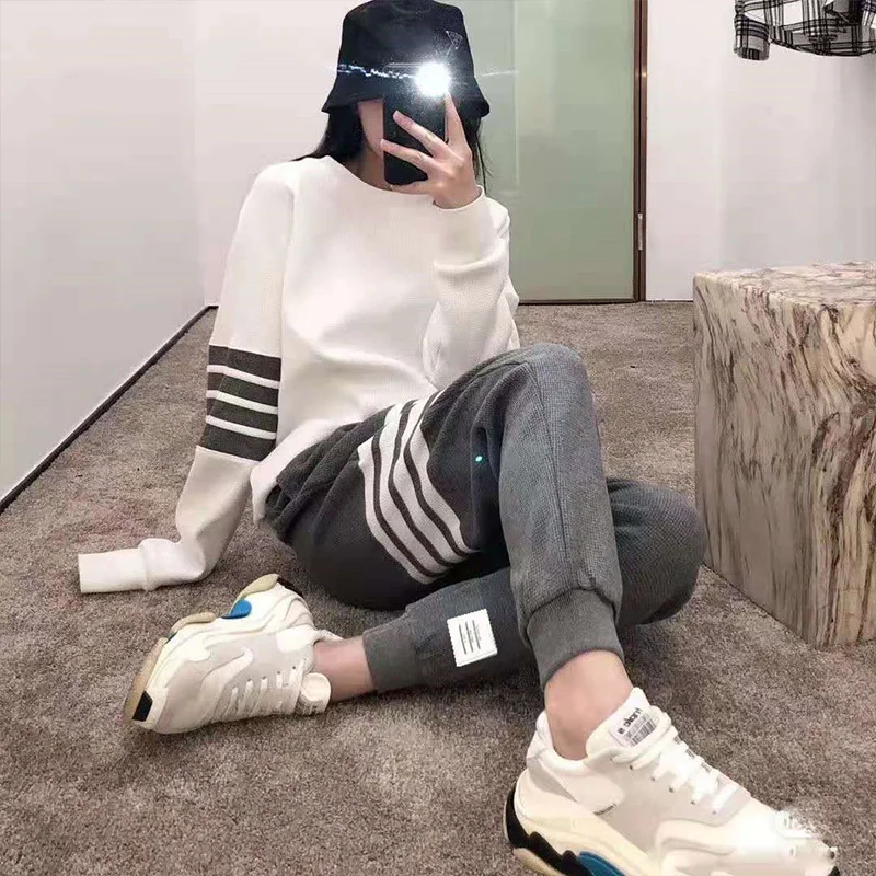 Women Clothing O-neck Loose Tops & Harem Pants Spring Casual Striped Running Sport Comfortable Sweatshirts Two-piece Set