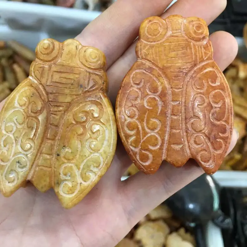 Natural Jade Antique-Style Golden Cicada Pendant, Hanging Ornament, Hand-Held Piece,
