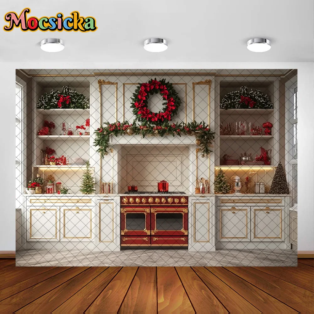 Mocsickaการถ่ายภาพพื้นหลังคริสต์มาสตู้ครัวAppleตกแต่งฉากหลังครอบครัวเด็กXMAS Holiday Party Prom Studio
