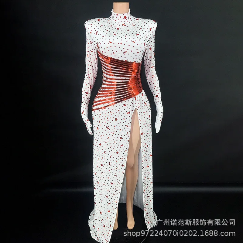 High-end Professional White Cinched Waist High-fork Dress, Annual Meeting Professional Dress, Female Singer High-end Atmosphere