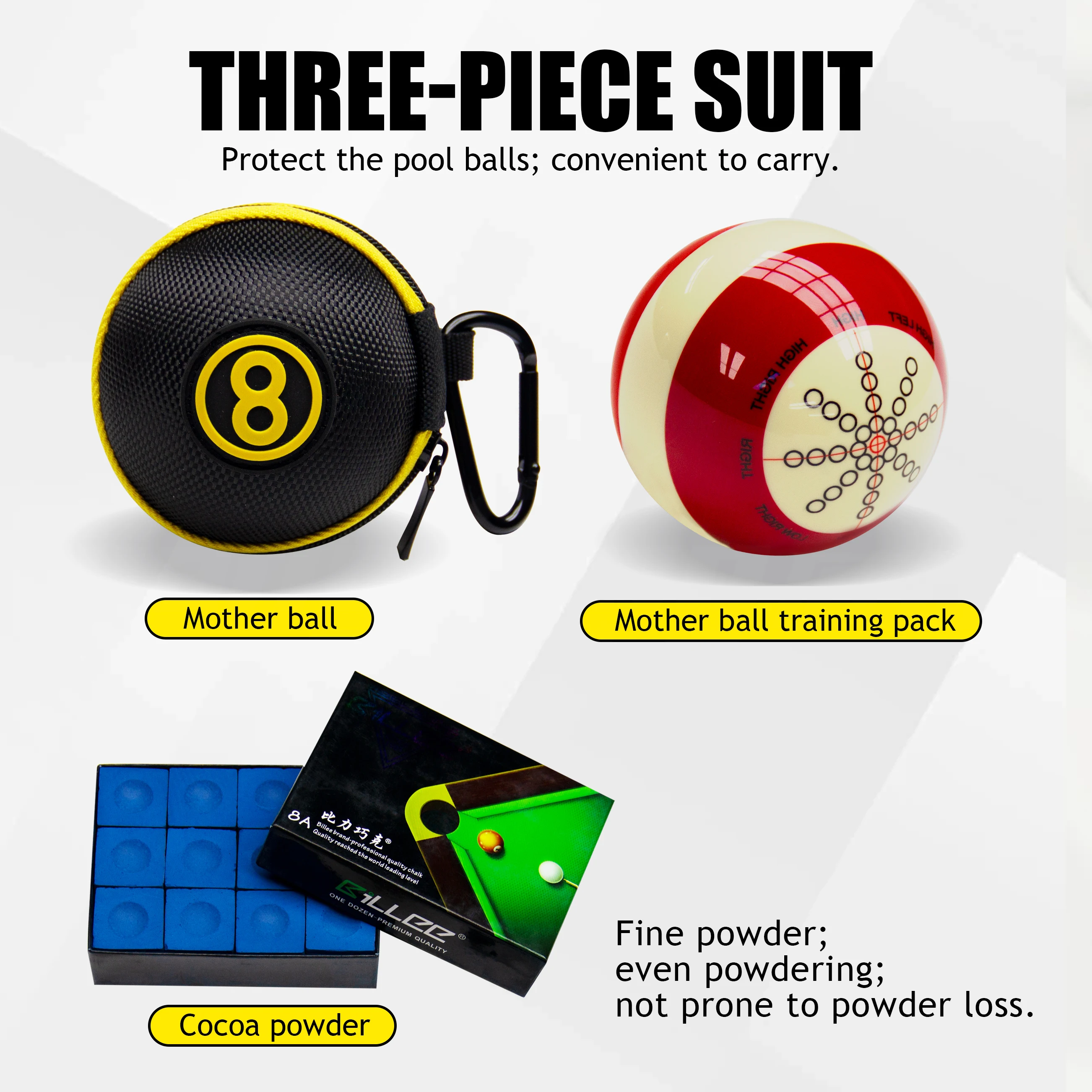 Kit de prática de bilhar de piscina 3 em 1 - bola de treinamento de tacos, bolsa de proteção com zíper, pó de giz azul - perfeito para iniciantes e profissionais