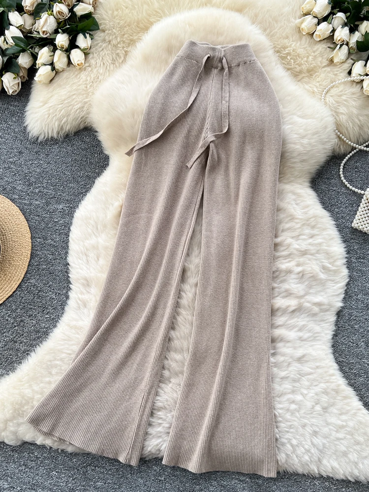 Cozy Knitted High Waist Wide Leg Casual Pants Women's Soft Plump Elastic Waist Floor-Length Trousers Autumn Winter Faion
