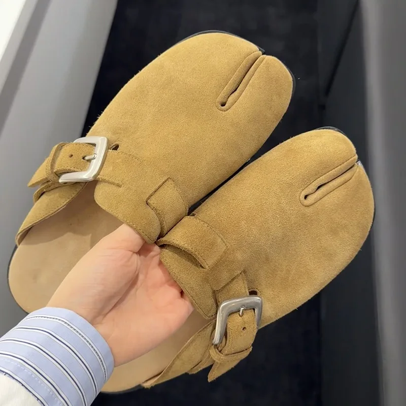 Metal Buckle Thick-Soled Lamb Wool Suede Closed-Toe Women's Slippers New Brown Khaki Leather Casual Furry Single Shoes Leisure