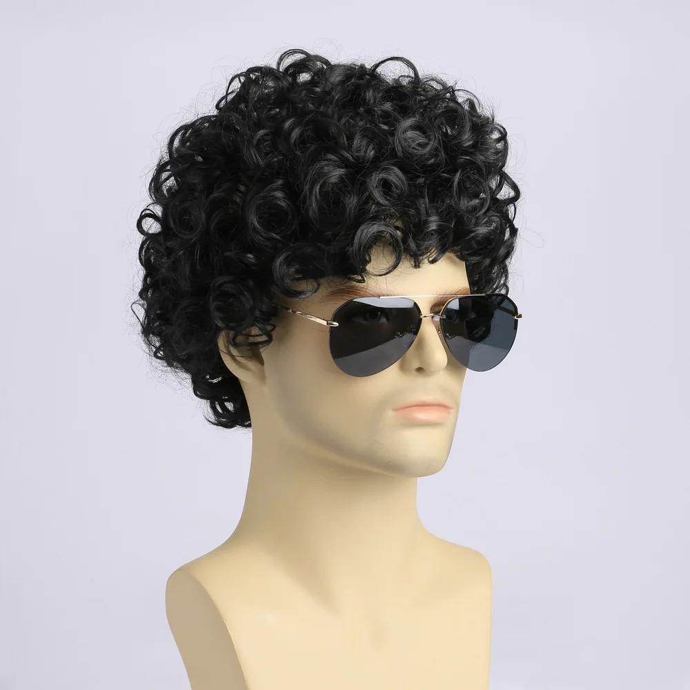 Synthetic Short Curly Wig Black Fake Hair Daily Party Cosplay Wigs for Man High Temperature Fiber