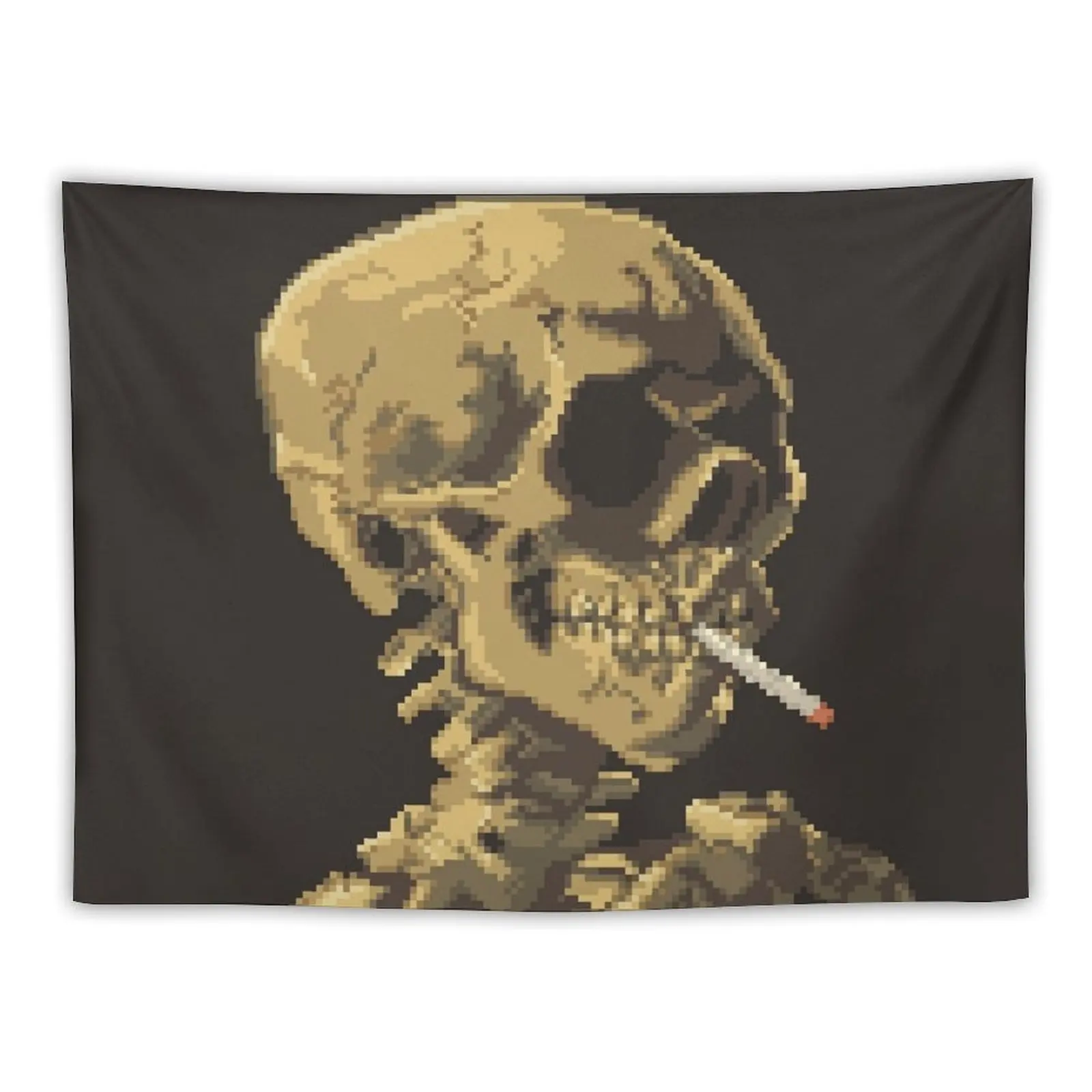 Van Gogh Pixel Art - Skull of a Skeleton with Burning Cigarette Tapestry House Decoration Home Decorators Tapestry