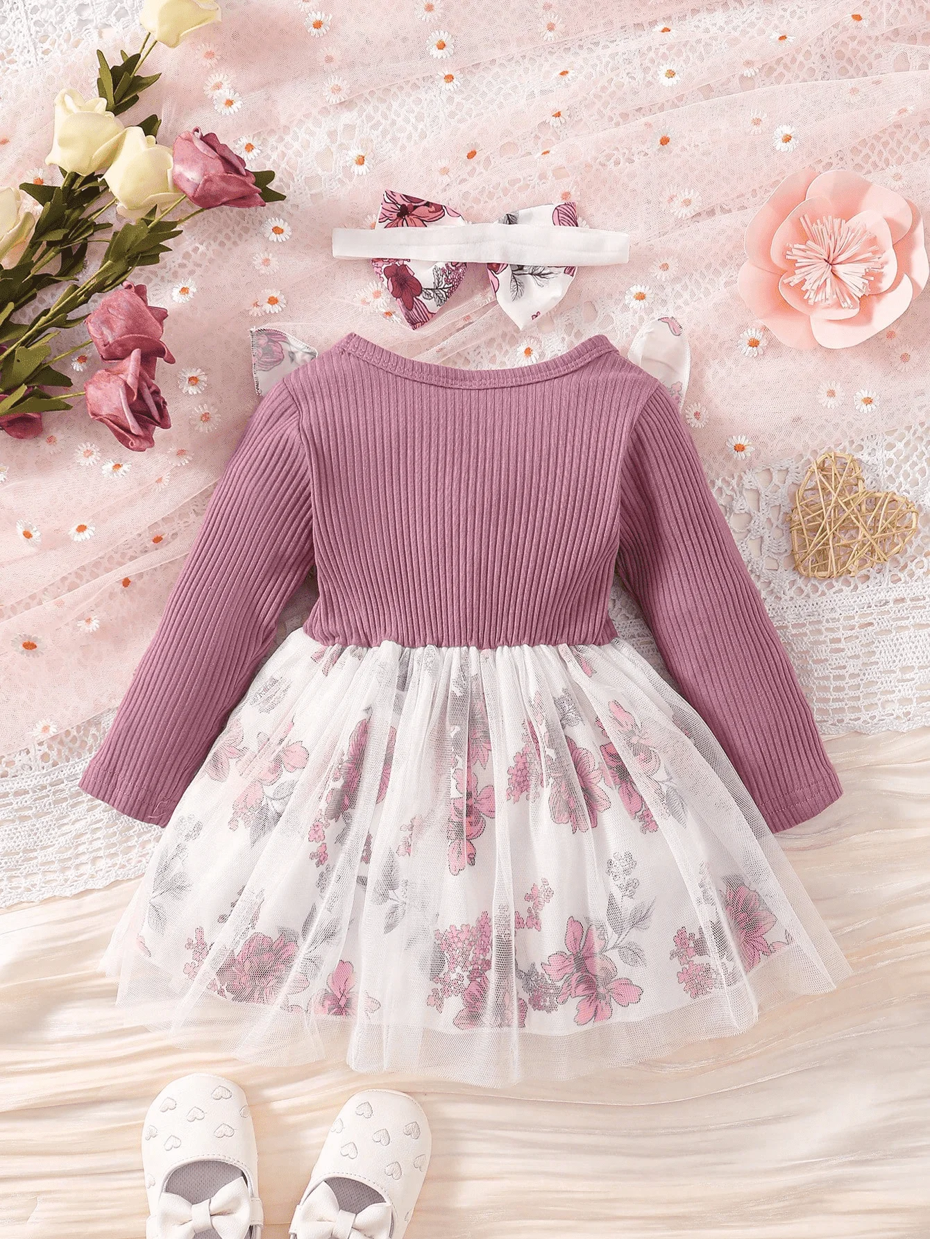 0-2 Year Old Newborn Girl Long sleeved Purple Digital Printed Mesh Bow Headwear Pit Pattern Combed Cotton Dress