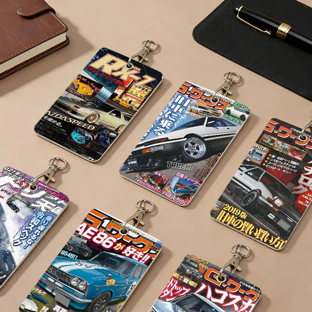 Vintage Japanese Racing Cars PU Leather Card Holders Anti-lost Student ID Protective Cover Cases Campus Access Cards Key Chain