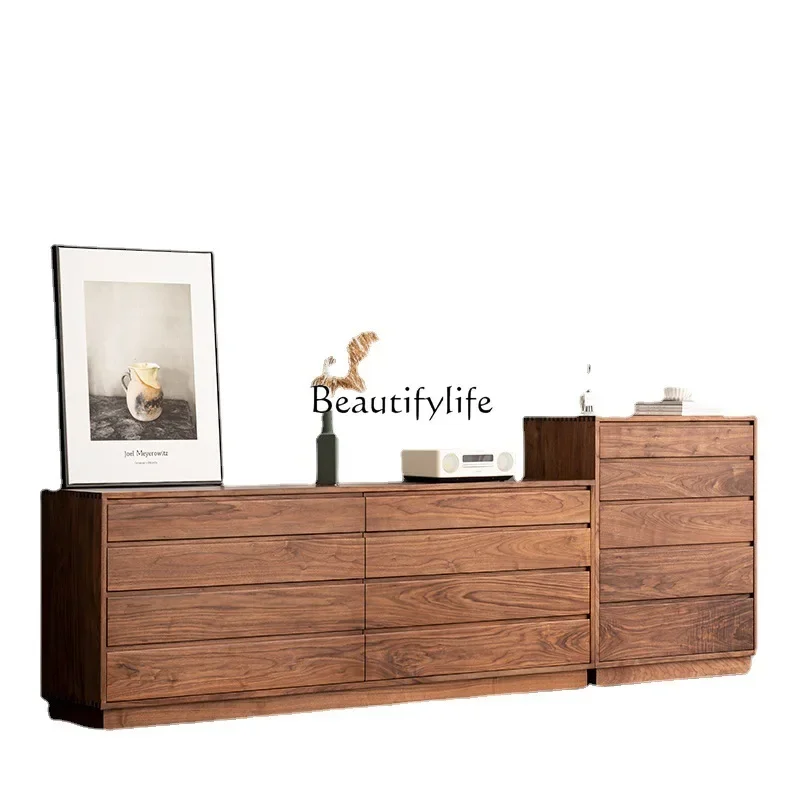 

*Nordic Solid Wood North America Black Walnut Storage Side Cabinet Simple Modern Living Room Storage Chest of Drawer