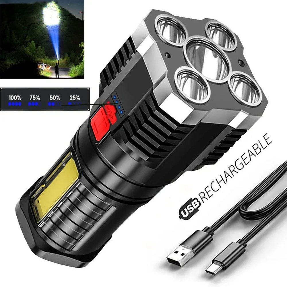 5 LED Flashlight High Power Rechargeable Waterproof Led Long-range Spotlight Battery Display COB Work Light Outdoor