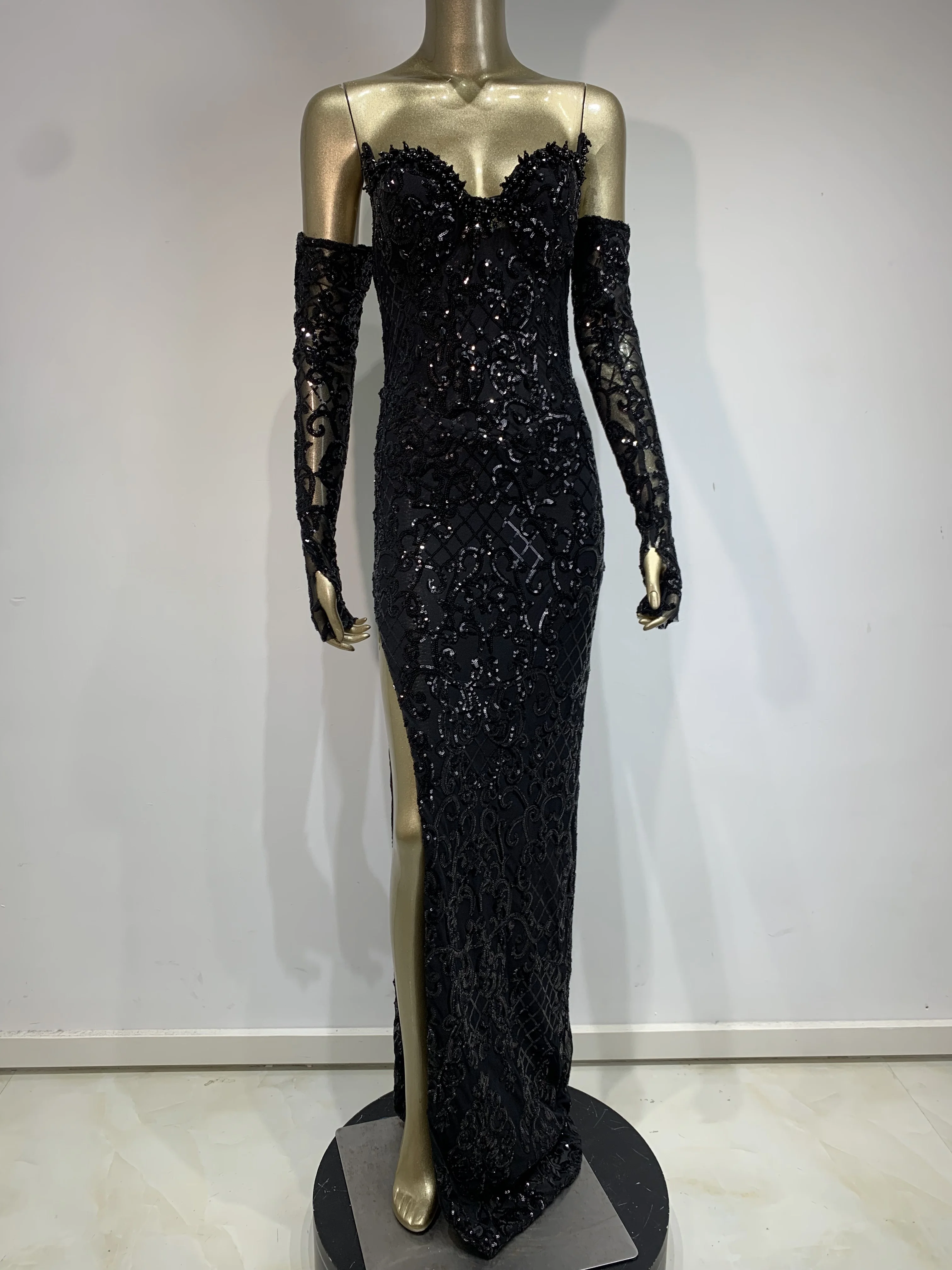 Fashion Women Sexy Off Shoulder Black Sequins Crystal Maxi Long Bodycon Cotton Dress 2024 Elegant Evening Club Party Dress