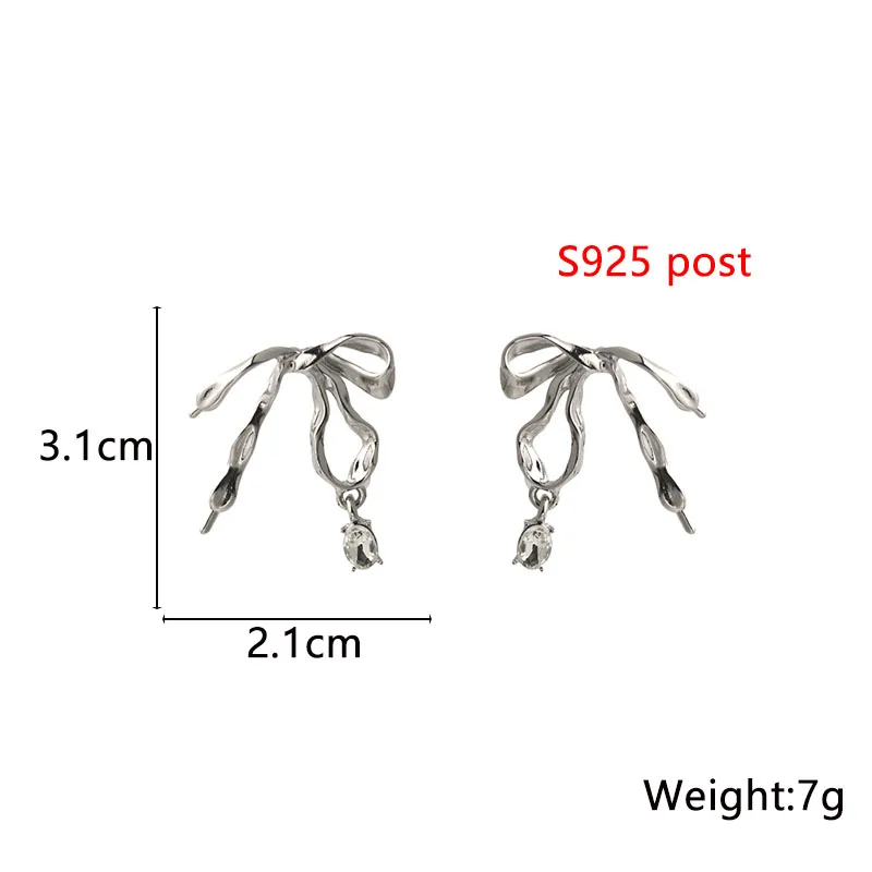 Silver Color Bowknot Women's Dangle Earrings Water Drop Pendants Crystal Fashion Girls Ear Accessories Hollow Unusual Earrings