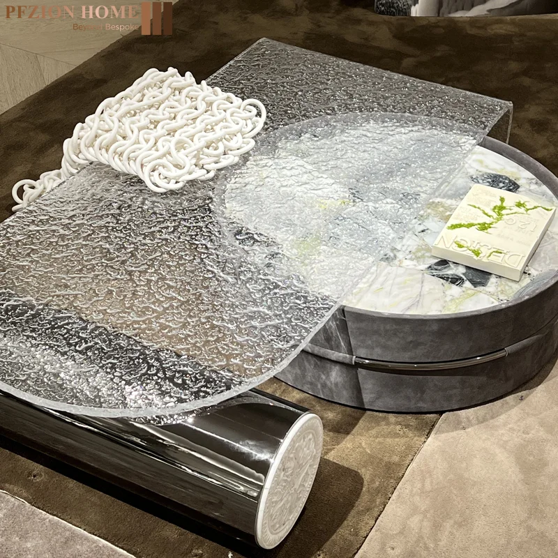Luxury Marble Top Coffee Table Stainless Steel Furniture Larch Wood White High Water Ripple Modern Coffee Table